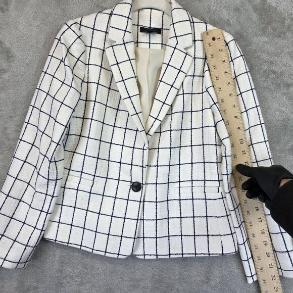 J Crew Blazer Womens Size 2 White Navy Windowpane Tweed One Button Jacket F0792 - Picture 4 of 16